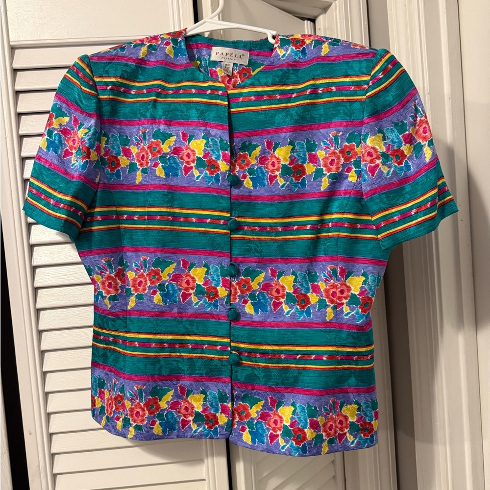 Adrianna Papell Multicolor Floral Striped Blouse